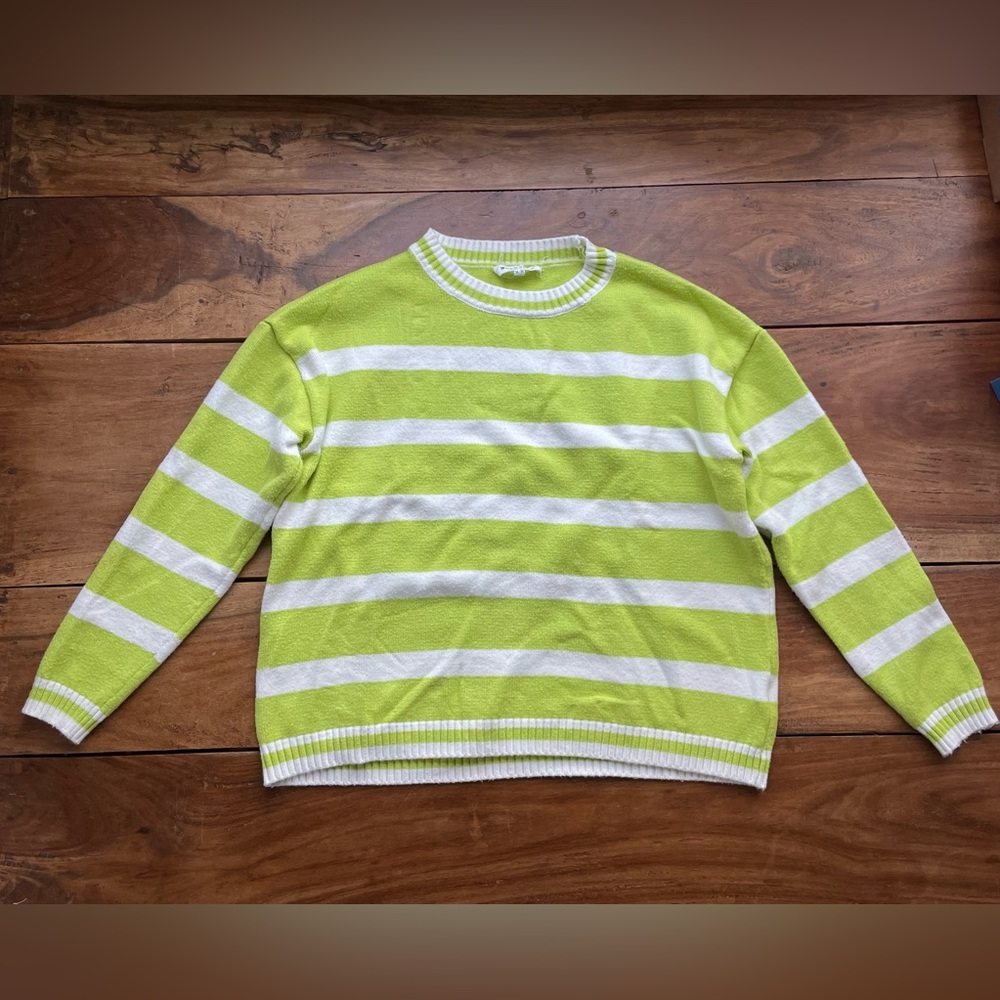 Workshop Women’s Medium Bright Green and White Striped Crewneck Sweater